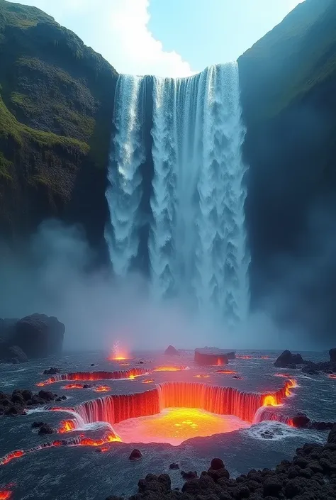 National Geographic style picture, Award winning,(best detailed: 1.5), an picture of an epic sized waterfall in the volcano at midday , an (epic sized waterfall: 1.3), water coming down from a volcanic cliff,  (multi level water falls: 1.3) , (several pool...