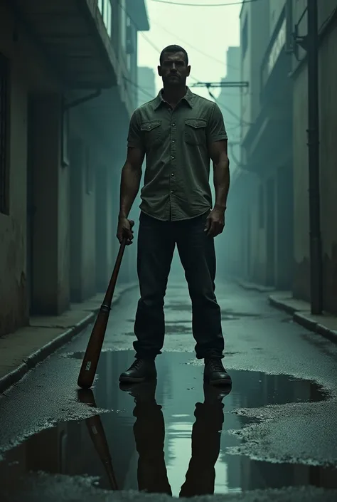 The man stands still in a defensive stance, gripping the baseball bat tightly, his reflection visible in a puddle.