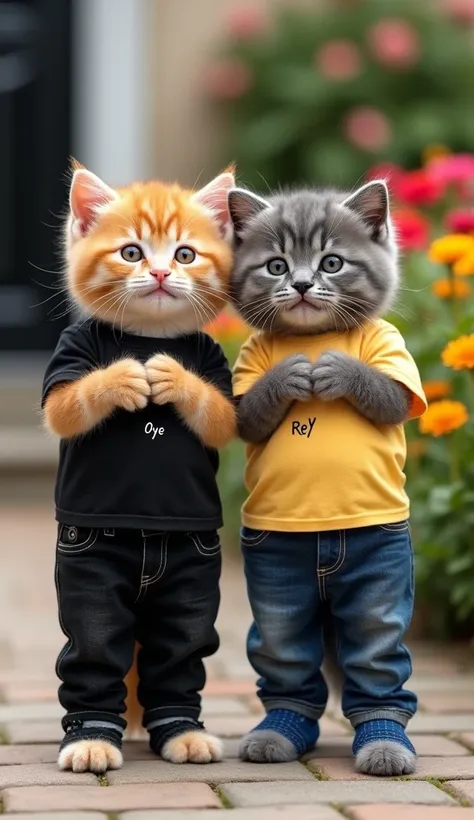 Photorealistic, image viewed from the side, 2 cute chubby kittens smiling. each kitten Holding hands in front of each kittens chest.  The first cat has orange stripes, wears a plain black t-shirt that says "OyE" on the chest, wears black jeans with pleats ...