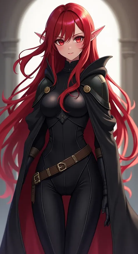 (work of art, Maximum quality, best qualityer, offcial art, beautiful and aesthetic:1.2) Anime Rebel Female Elf, Long Red Hair, Red Eyes, Wearing Black Cloak, Black Armor, Black Pants.