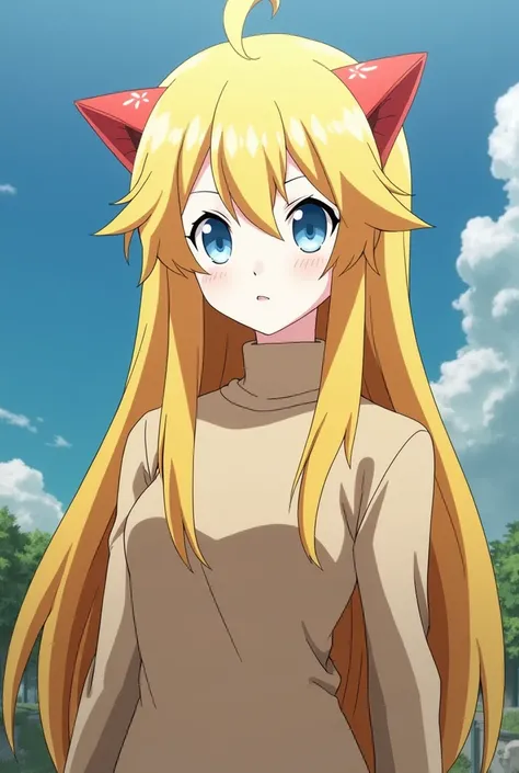  Screenshot Boku no Hero.  Long-haired teenager , yellow with red tufts ,  pale white skin , light blue eyes,  light brown dress with long sleeves. In the world of Boku no Hero  