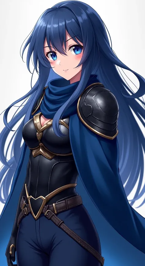 (work of art, Maximum quality, best qualityer, offcial art, beautiful and aesthetic:1.2) Anime Female, Long Dark Blue Hair, Blue Eyes, Wearing Blue Cloak, Black Armor, Blue Clothes, Dark Blue Pants.