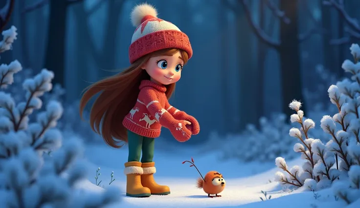  image for a cartoon story YouTube video in style Disney: format Pirax.  Bria A  girl with long brown hair and bright blue eyes,  x} dressed in a warm knitted red sweater with deer ,  green pants ,  yellow boots ,  a woolen hat with a pompom and mittens . ...