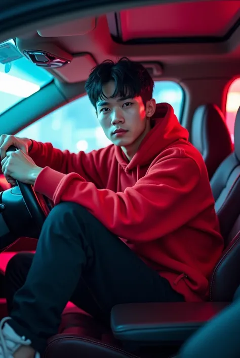 Cinematic shots of car with music edm . A handsome boy s a of Chinese young origin with short dark hair and good looks wearing an oversize red hoodie, black trousers jogger, sneakers and , , bright-looking . Driving on the chair with Steering Wheel , with ...