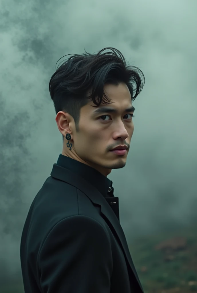  1 man , portrait, beautiful handsome man, Alone, lips,  Male Focus, random color,  looking at viewers ,  short hair above the clouds, black gentle expression,  suit， black hair , tattoo