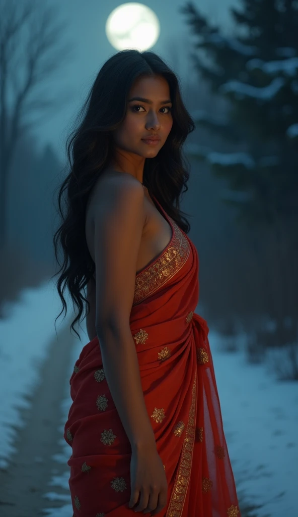 Beautiful indian woman posing, sex with mute photoshoot pose, full body portrait, moonlit night, night time, winter, walking on forest path, detailed face, cute, big eyes, iconic, photorealistic, mountain temple, detailed background, big breasts, sex with ...