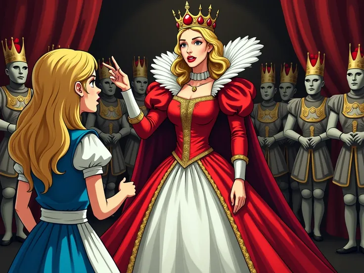  Alice is in court with the queen of hearts . in her red dress and gold crown , raising a hand, Dramatic.  A court made of playing cards , with card soldiers  formando . Alicia is in the center ,  with an expression of challenge and surprise . ,with card s...