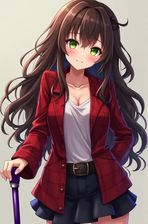 Punk anime girl wearing red flannel with brown long, curly hair, green eyes, and a purple walking cane
