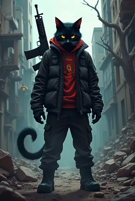 "Create a stylized scene featuring a male character with a street attitude. The character is a black cat in humanized form, dressed in bad boy clothing, carrying an AK-47 on its back, exuding power and rebellion. The setting is a destroyed environment with...