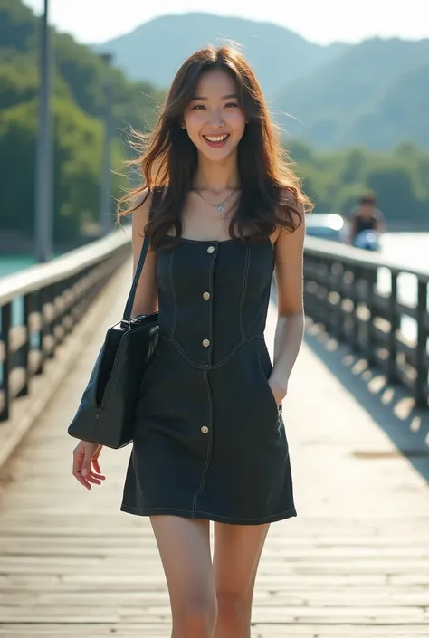 Beautiful Korean woman wears black jeans material dress, black sneakers,high jump while holding jeans material bag .facing the camera laughing freely . bridgeside background in beautiful day . with a traffic bike and a car .ultra Hd realist  