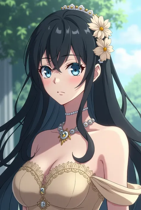  Screenshot Boku no Hero Academia. 
 White-skinned woman ,  long black hair , sky blue eyes. Beige princess dress ,  with floral and subtle accessories .
