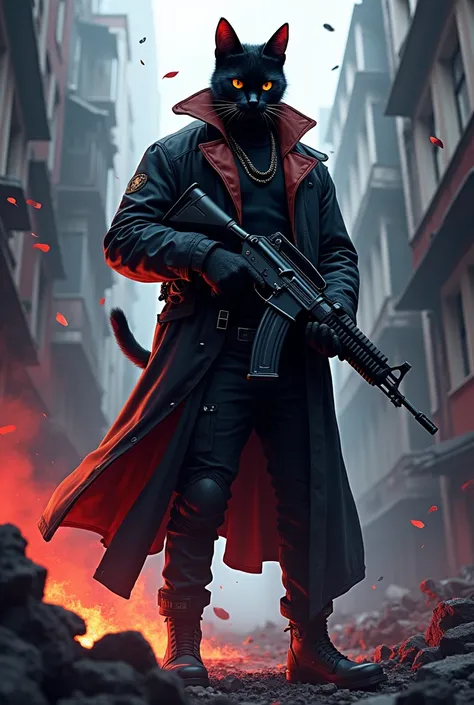 "Create a stylized scene featuring a male character with a street attitude. The character is a black cat in humanized form, dressed in bad boy clothing, including a long trench coat, exuding power and rebellion. He carries an AK-47, reinforcing his intimid...