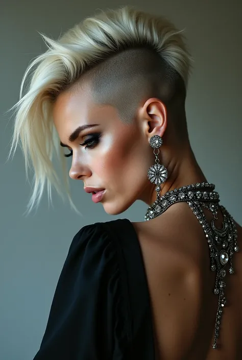 beautiful sexy 60 years old  british punk woman , jewelry , makeup, ultra short  crewcut haircut with shark gradued shaved nape,   back view,  head down