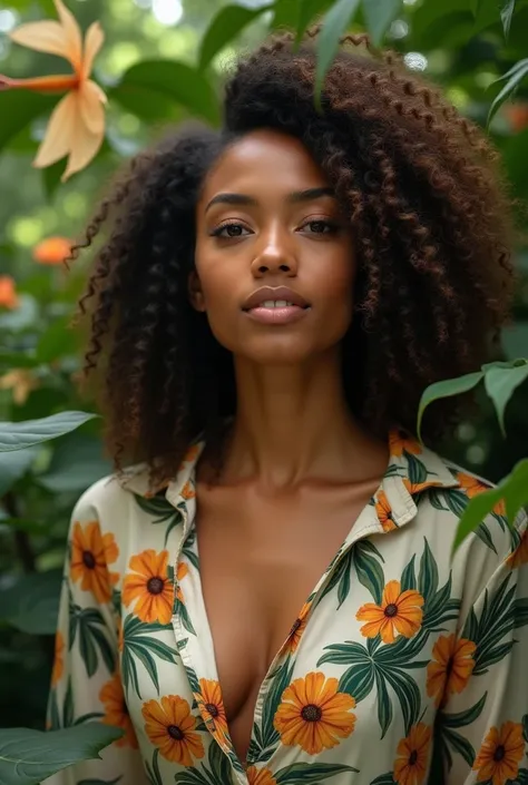  A Brazilian woman in a lush tropical garden,  wearing an open shirt with floral print ,  with a close up capturing the harmonious beauty between her breasts and natural flowers,  showing your natural charm and outgoing personality.