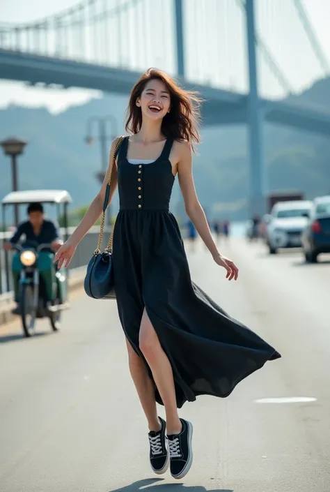 Beautiful Korean woman wears black jeans material dress, black sneakers, high jump while holding a jeans material bag.facing the camera laughing freely . bridgeside background in beautiful day . with a traffic bike and a car .ultra Hd realist  