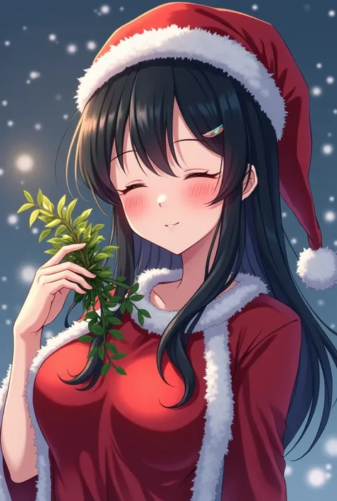 (anime) 30 years old , black hair,  slim build ,  and a sweet smile, high.With my eyes closed and waiting for a kiss.  Big Tits.Dressed in a Christmas way, holding a mistletoe branch in his right hand
