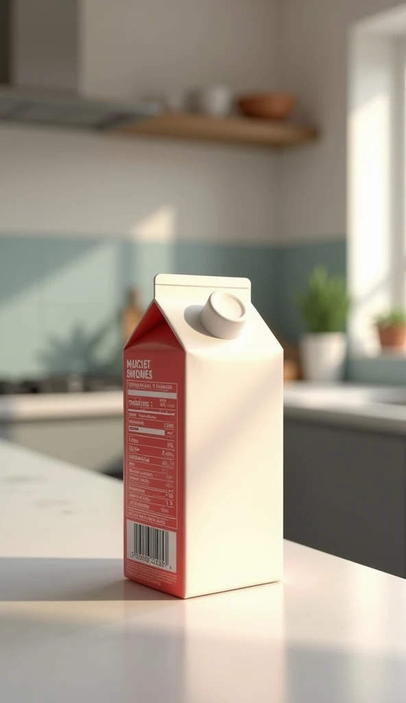 A milk carton on a blurry kitchen counter.