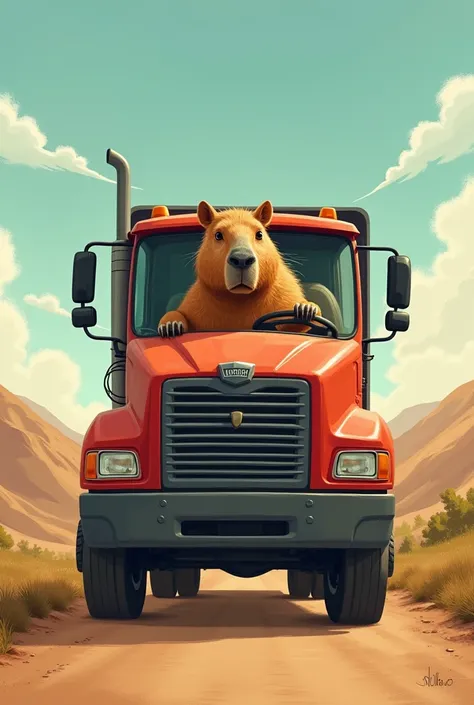 Capybara driving a cargo truck and let him say Diland 