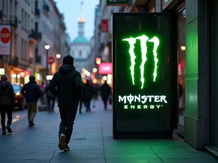  sign I need an image where a person is watching a promotional poster for the Monster energy drink in an urban area but not so crowded, I want to highlight the action of the person running into a monster 