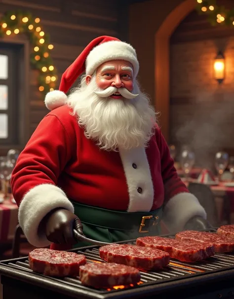 Create a Santa Claus standing in a relaxed atmosphere barbecuing at a steakhouse
