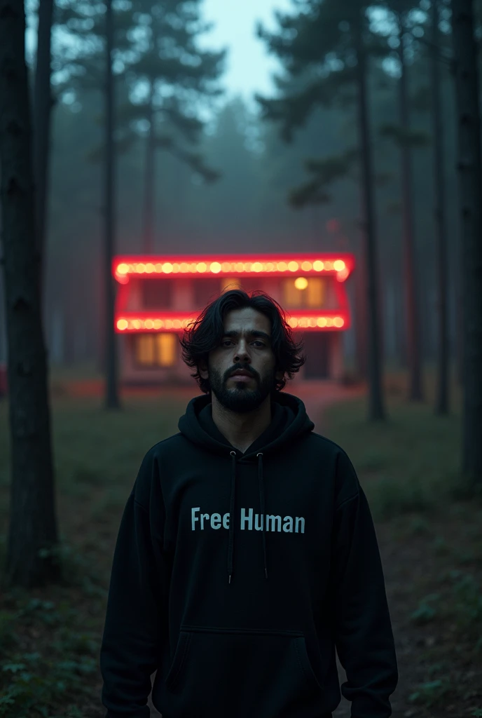 Iraqi guy around the age of 27. Black middle long hair, mustache and medium beard. He is trying to exit without getting caught from a whore house that has a lot of lights and is located in the middle of nowhere in the woods. It looks like he is hypnotized ...