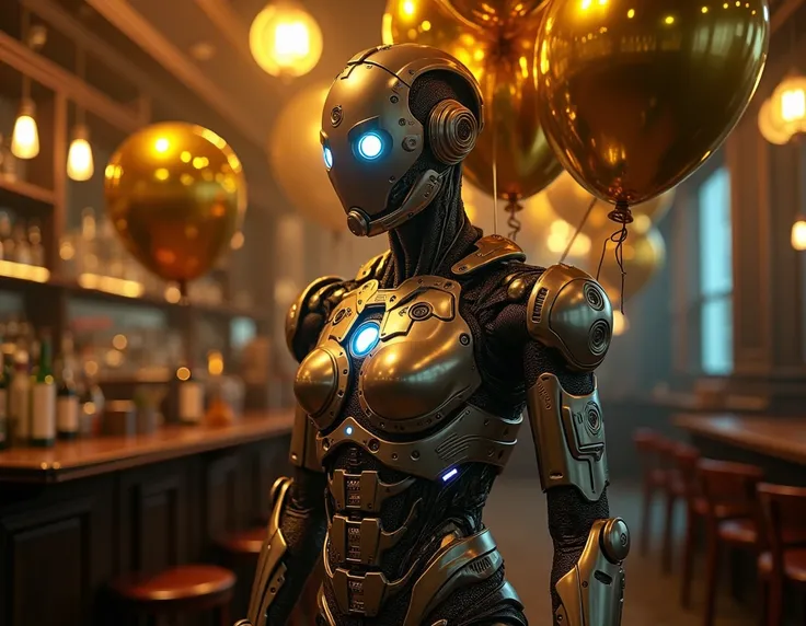 Create someone disguised as a robot with lots of lots of lights and golden balloons in a bar 