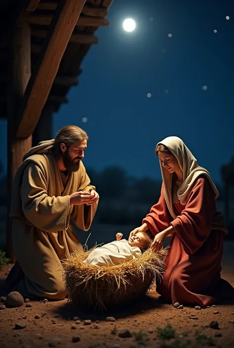  Masterpiece , birth of jesus , in a stable , with Saint Joseph  ,   the Virgin Mary with Jesus in her straw crib, At night news  ,  with the Star of Bethlehem  ,  8k photo quality, detailed real, ultra definition