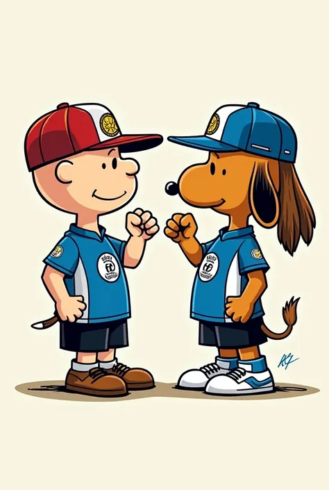  A T-shirt with print is to be created . Charly Brown is a human and Snoopy. They both wear jerseys from 1 .  FC Magdeburg in blue and white .  They face each other and shake their fists. Charly Brown and Snoopy wear 1s cap. FCM .