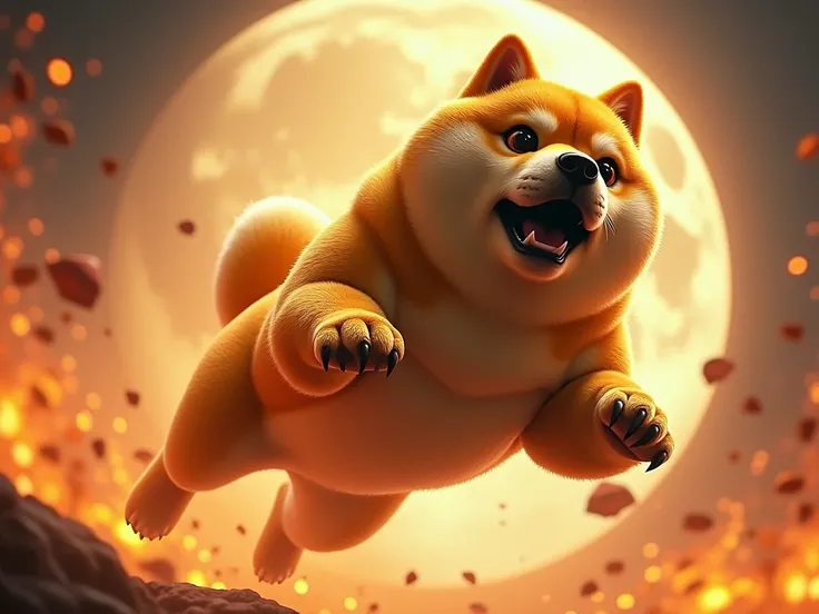 Realistic images,  baby doge, ไฟ,  skydive, Gold color, Explosive Power, huge, Severe leaping, to ihe moon,