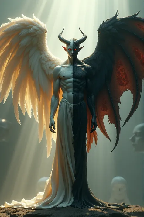 Create an image of a person with one wing of an angel and the other wing of a demon 