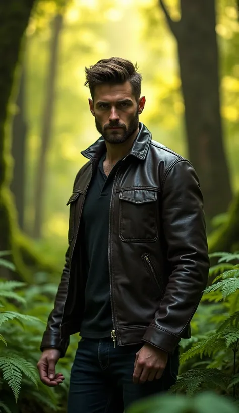 There is a handsome man in a leather jacket standing in the forest