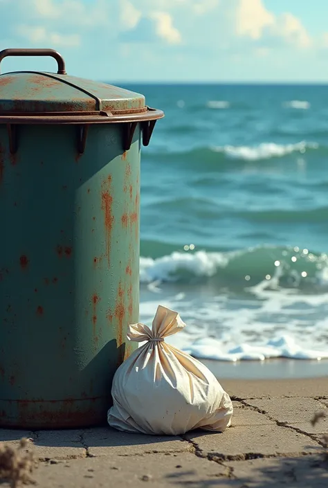 A dog litter bag on the floor in a garbage can by the sea 