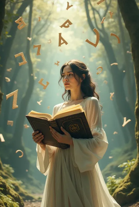 A woman with a book of secrets in her hands surrounded by letters that rise to the sky