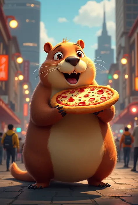 A capybara standing with a big pizza in his hands and in the background of the city