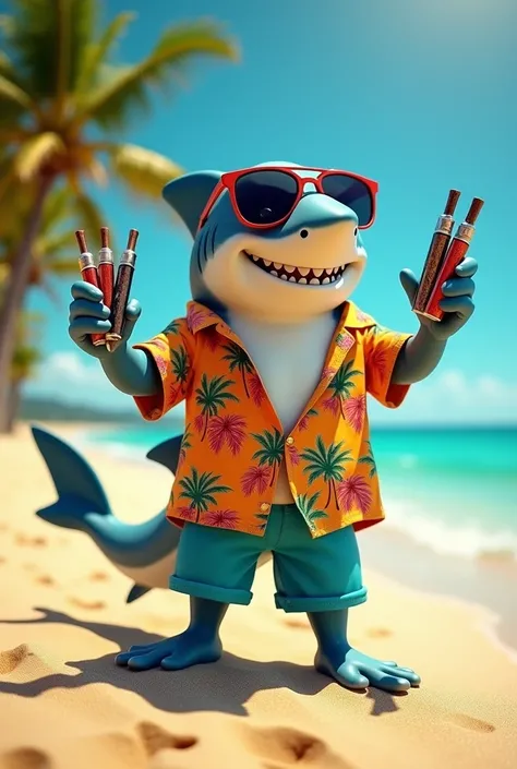 A vibrant, youthful shark with a full body, wearing a summer-style tropical shirt with bright, colorful patterns. The shark is standing upright on a sunny beach with golden sand, turquoise water, and palm trees in the background. It is wearing cool sunglas...