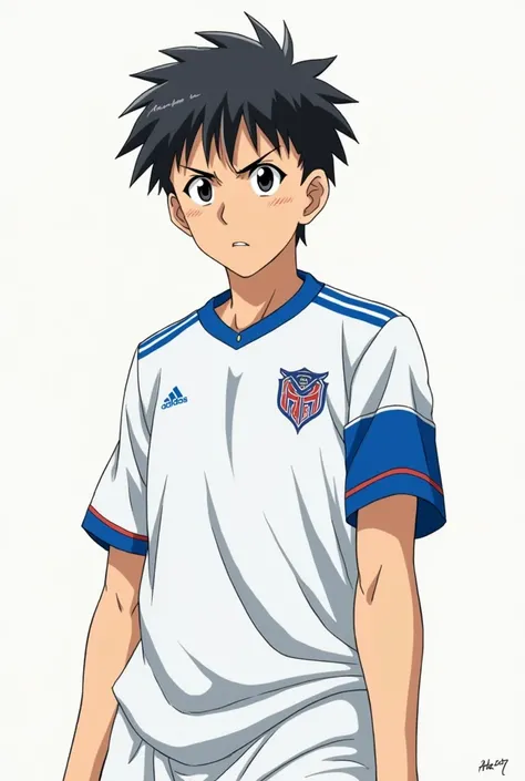 a slightly bald young man who is worried, he is wearing a white soccer player outfit with blue details, anime art style captian tsubasa