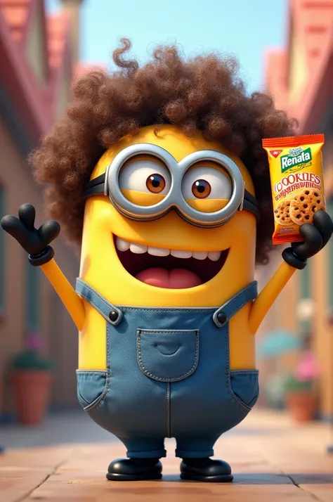 Minion with curly brown hair with a pack of Renata cookies 