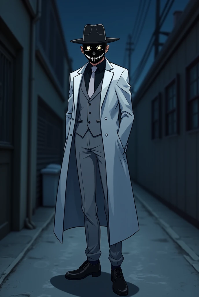 Study a photo in which a young man with a fit coat wearing a white suit and clothes under his coat and with black hair in the dark of the night and wearing a black hat and a slightly brimmed hat and a mask with a smiling face, on the upper left of which is...