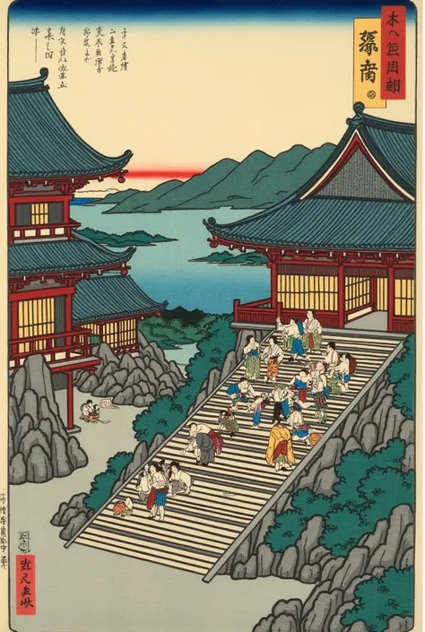 There are a lot of people sitting on the stairs of the building, Edo period, japanese scenery in Edo period, Utagawa Hiroshige II, Edo period, by Utagawa Kunimasa, inspired by Koryusai Isoda, 』 Shunkosai Hokushu , A History of Spring by He Dongxuan,  inspi...