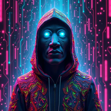 "Design a vibrant cyberpunk digital artwork featuring a futuristic figure with a Moai statue face, glowing blue eyes, and a subtle neon glow around the facial edges. The figure is wearing a hoodie adorned with colorful tribal patterns in neon shades of pin...