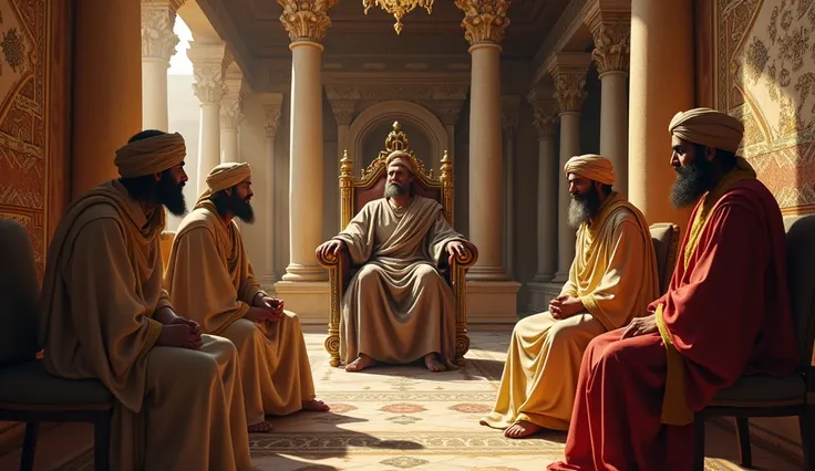 3 men dressed in fine linen with shiny clothes and on their heads wearing turbans talking in the palace with King Herod that the 3 men are seated and King Herod sitting on his throne talking with the king add more details in the palace that the Palace look...