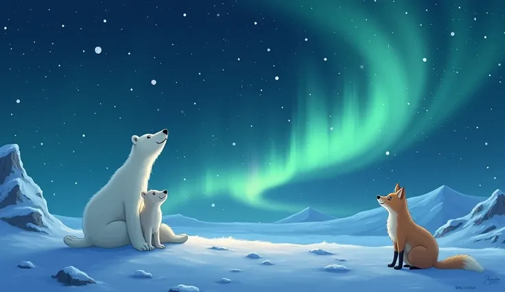 A serene and mystical cartoon depiction of the Arctic at night. Snowflakes gently fall as the Northern Lights begin to glow brightly in green and purple hues. The trio—polar bear cub, seal pup, and Arctic fox—gaze upwards in awe, surrounded by shimmering s...