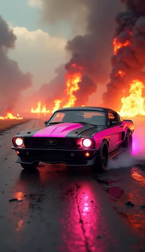 A hyper-realistic cinematic depiction of a car beautifully modified and painted in a dominant combination of pink and hints of elegant black. This car exudes style and power. The scene shows the car driving through an empty, war-torn road, surrounded by to...