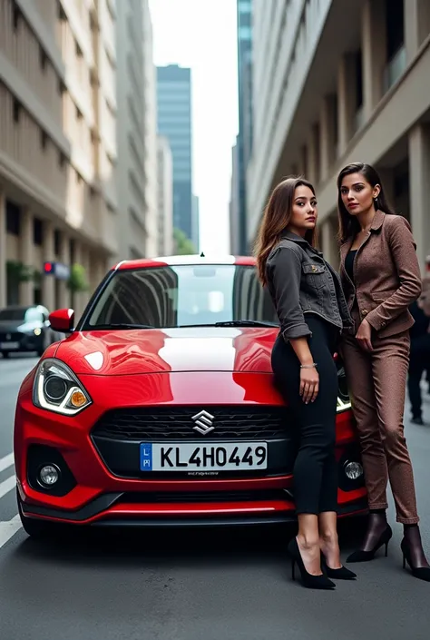 Swift type 3 red car with number plate KL44H0449 and fancy couples infront of the car

