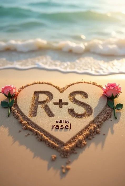 
"Design a name artwork on a sandy beach. The name..R+S..should appear carved inside a heart shape drawn in the sand, with two roses on either side of the heart. Use bold, thick letters for the name. At the bottom of the heart, seamlessly integrate the tex...