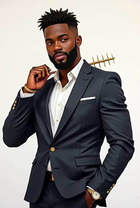  anime-style image oil painting of a 25-year-old black boy,  with a charismatic smile , well-groomed beard, wearing an elegant modern suit ,  poses in a studio with a white background . Hold a war nail on the left shoulder ,  with your right hand holding a...