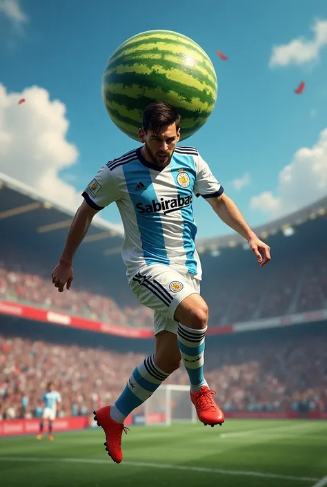 Messi scores a watermelon header at the stadium.  Sabirabad lettering on his uniform