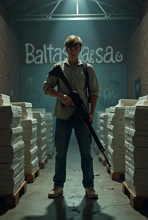 A young man with light brow hair standing with a rifle in a hangar, a pallet of money on his side, a pallet of coke on his side, 
There is graffiti writing on the brick wall BALTAS KOKSAS