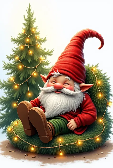 A gnome with feet up and head down christmas tree and wrapped Christmas light, white background 