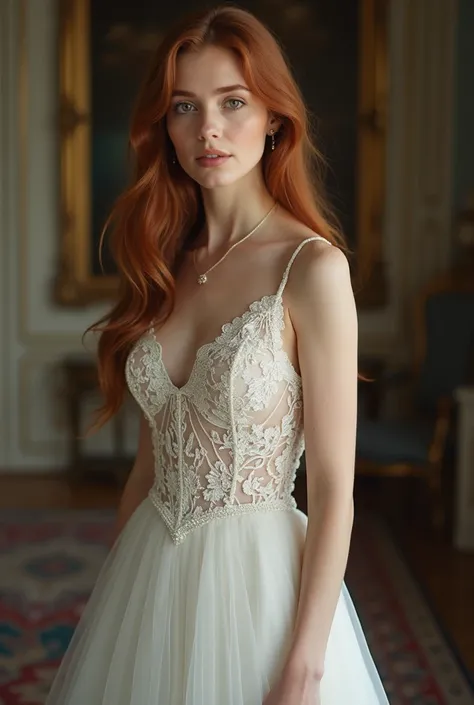 A european girl in a sexy wedding dress with white stockings 